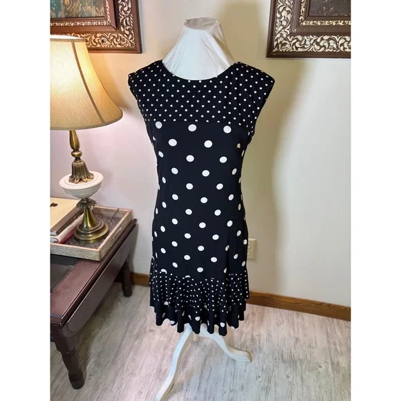 Designer Vintage 8 Black Polka Dot Dress Sleeveless Ruffle Frank Lyman dress - Picture 4 of 10